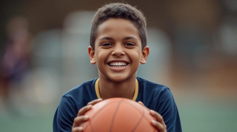10 year old boy who plays basketball smiling